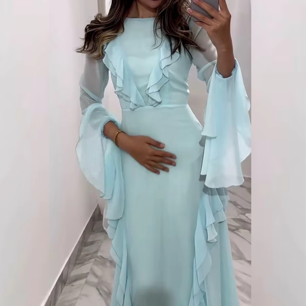 Sky Blue Ruffle Modest Long Sleeves Evening Dress L Sky Blue Ruffle Modest Long Sleeves Evening Dress L