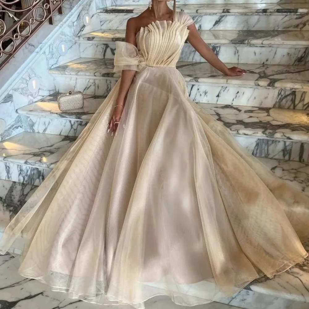 Elegant Ivory Beige Ruffle Evening Gown 10 Elegant Ivory Beige Ruffle Evening Gown 10