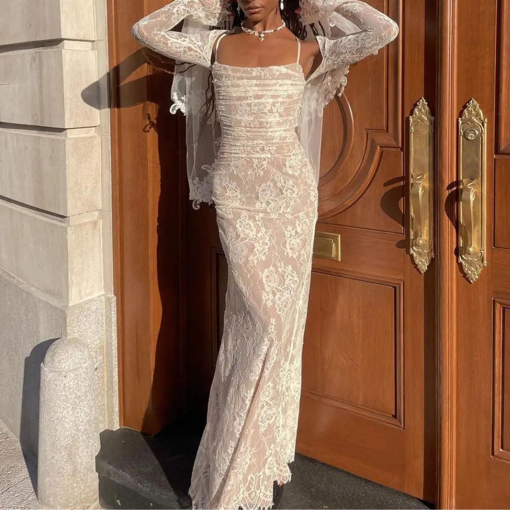 Floral Lace White Mesh Maxi Dress S Floral Lace White Mesh Maxi Dress S