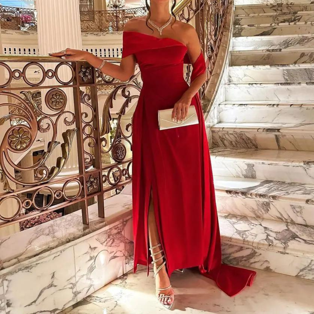 Red Satin Off Shoulder Floor-Length Evening Dress 18 Red Satin Off Shoulder Floor-Length Evening Dress 18