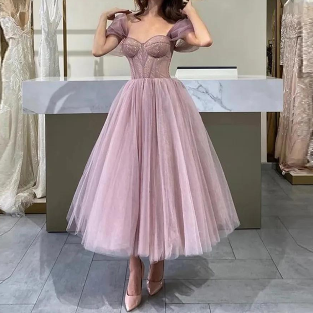 tea length prom dresses Purple Tulle Sweetheart Tea-Length Prom Dress 14