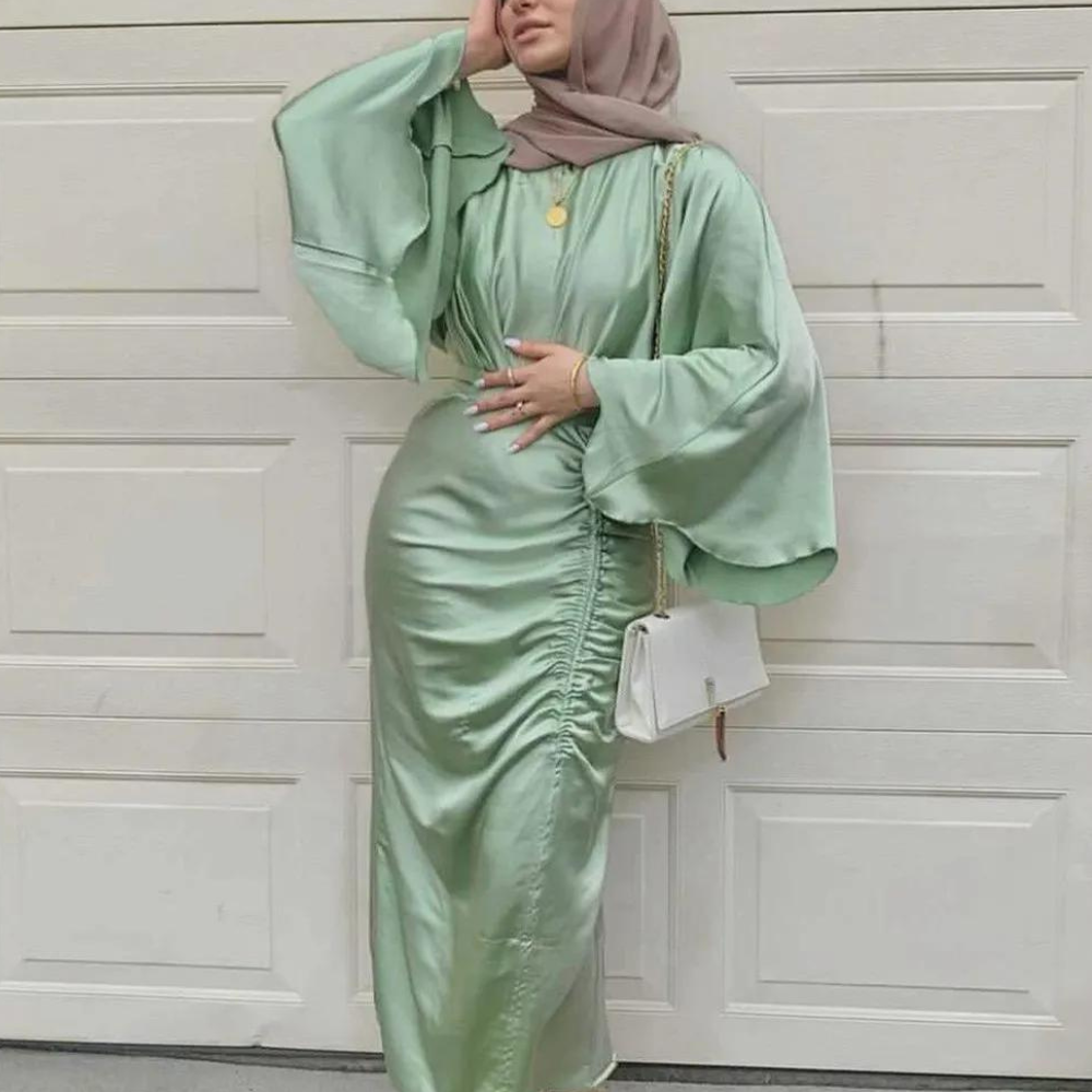 Green Modest Silk Abaya Loose Tie Long Dress S Green Modest Silk Abaya Loose Tie Long Dress S