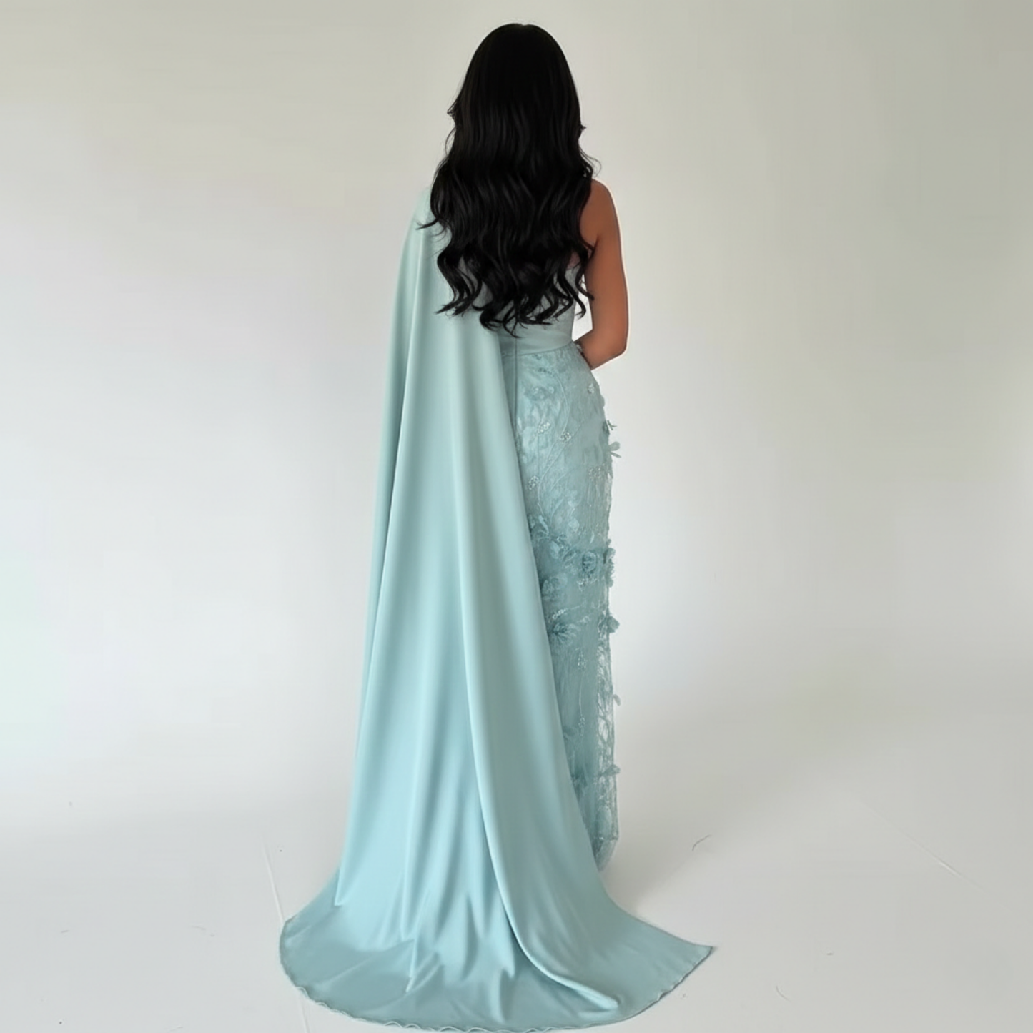 Aqua Blue Drape One Shoulder 3D Flower Applique Long Evening Dress, Back