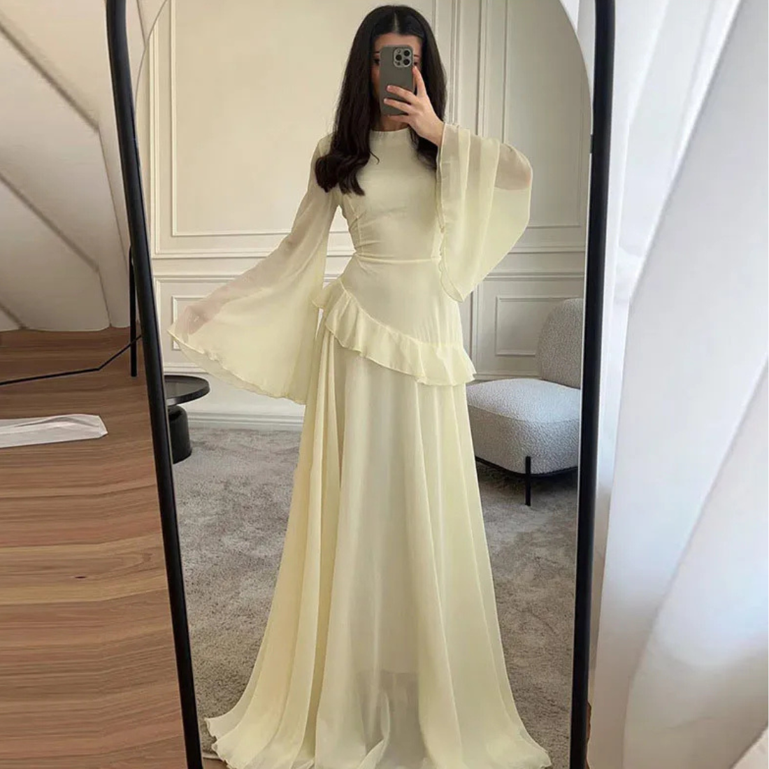 Light Yellow Modest Chiffon Flare Sleeves A-Line Long Dress M / Yellow Light Yellow Modest Chiffon Flare Sleeves A-Line Long Dress M / Yellow