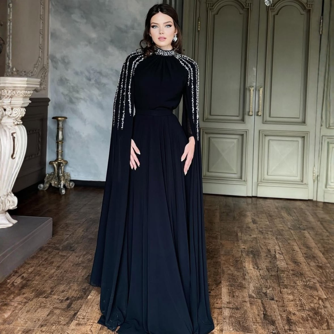 Black Sparkly Chiffon Modest High Neck Cape Sleeves Maxi Evening Dress 22W / Black