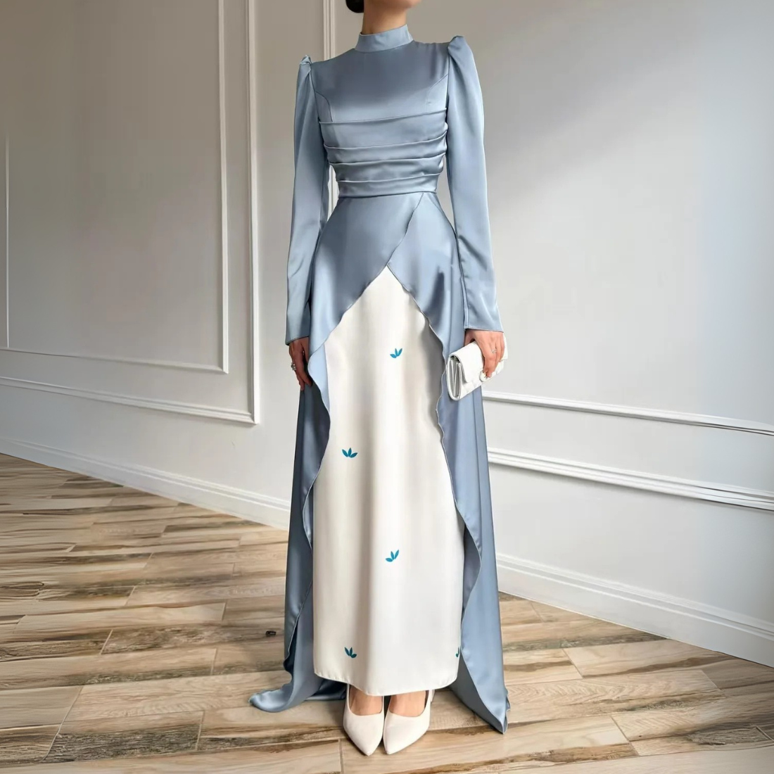 Blue High Neck Satin Pleated Modest Train Evening Dress Little Lala Boutique Blue High Neck Satin Pleated Modest Train Evening Dress Little Lala Boutique