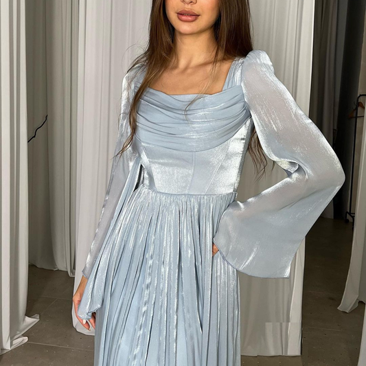 Blue Chiffon Pleated Flare Sleeves Evening Dress, Front