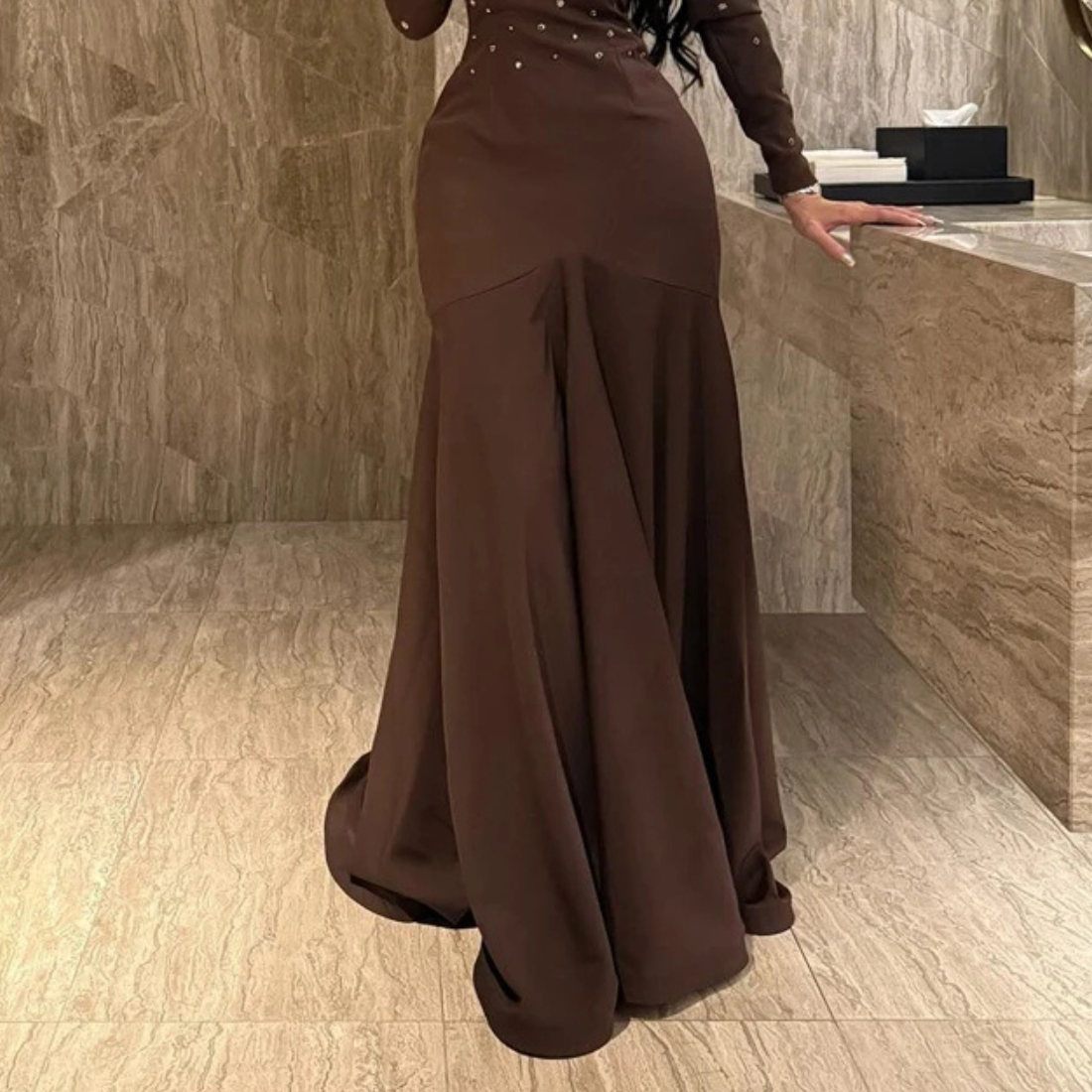 Brown Rhinestones Off Shoulder Long Sleeves Satin Mermaid Gown, Skirt