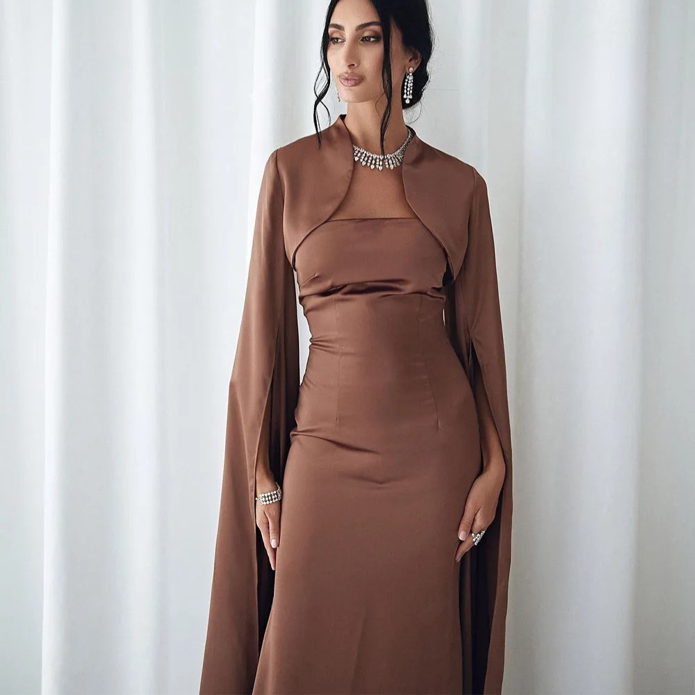 Brown Satin Modest Long Drape Sleeves 2 Piece Dress Set, Close Up