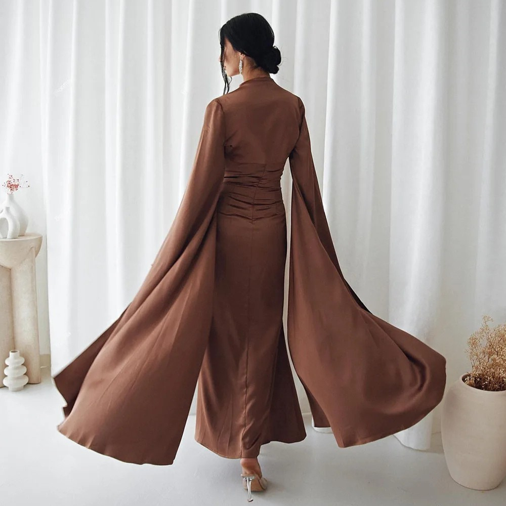 Brown Satin Modest Long Drape Sleeves 2 Piece Dress Set, Back