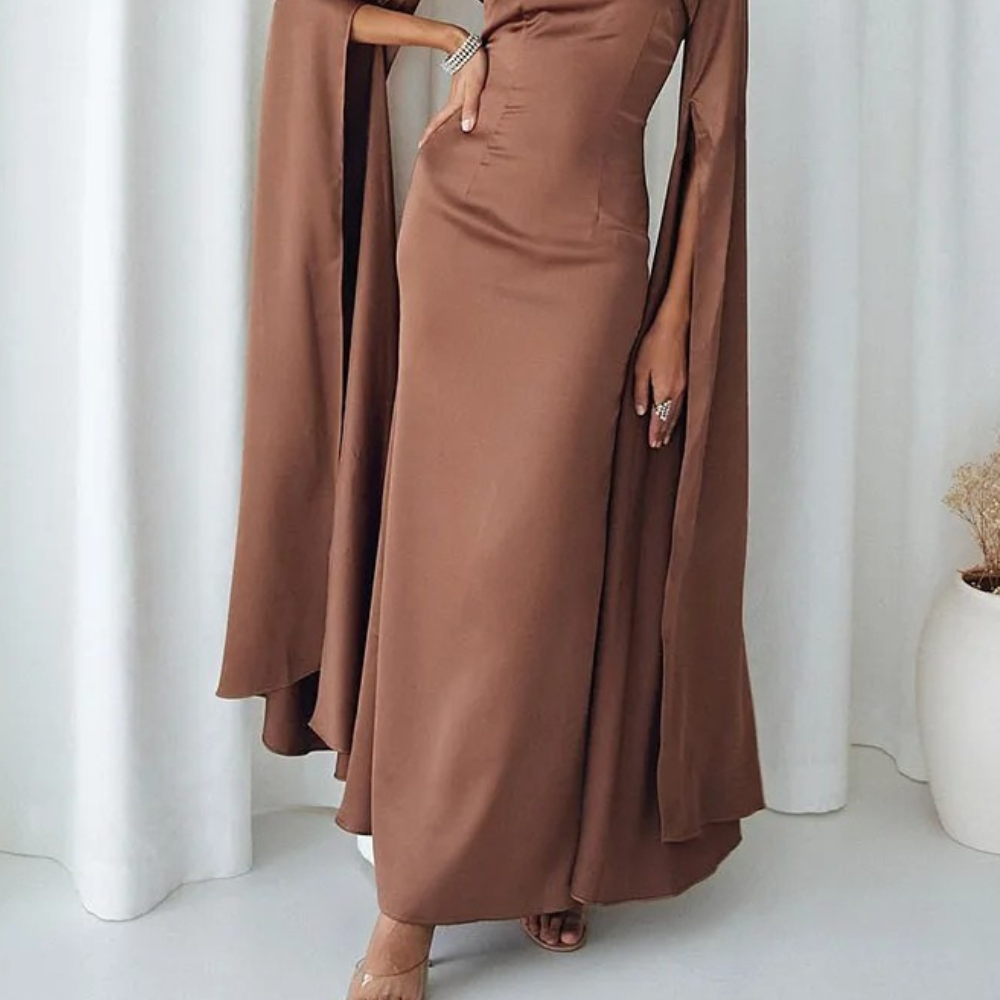 Brown Satin Modest Long Drape Sleeves 2 Piece Dress Set, Close Up Skirt