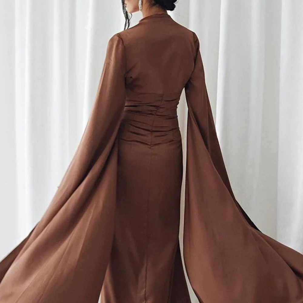 Brown Satin Modest Long Drape Sleeves 2 Piece Dress Set, Close Up Back