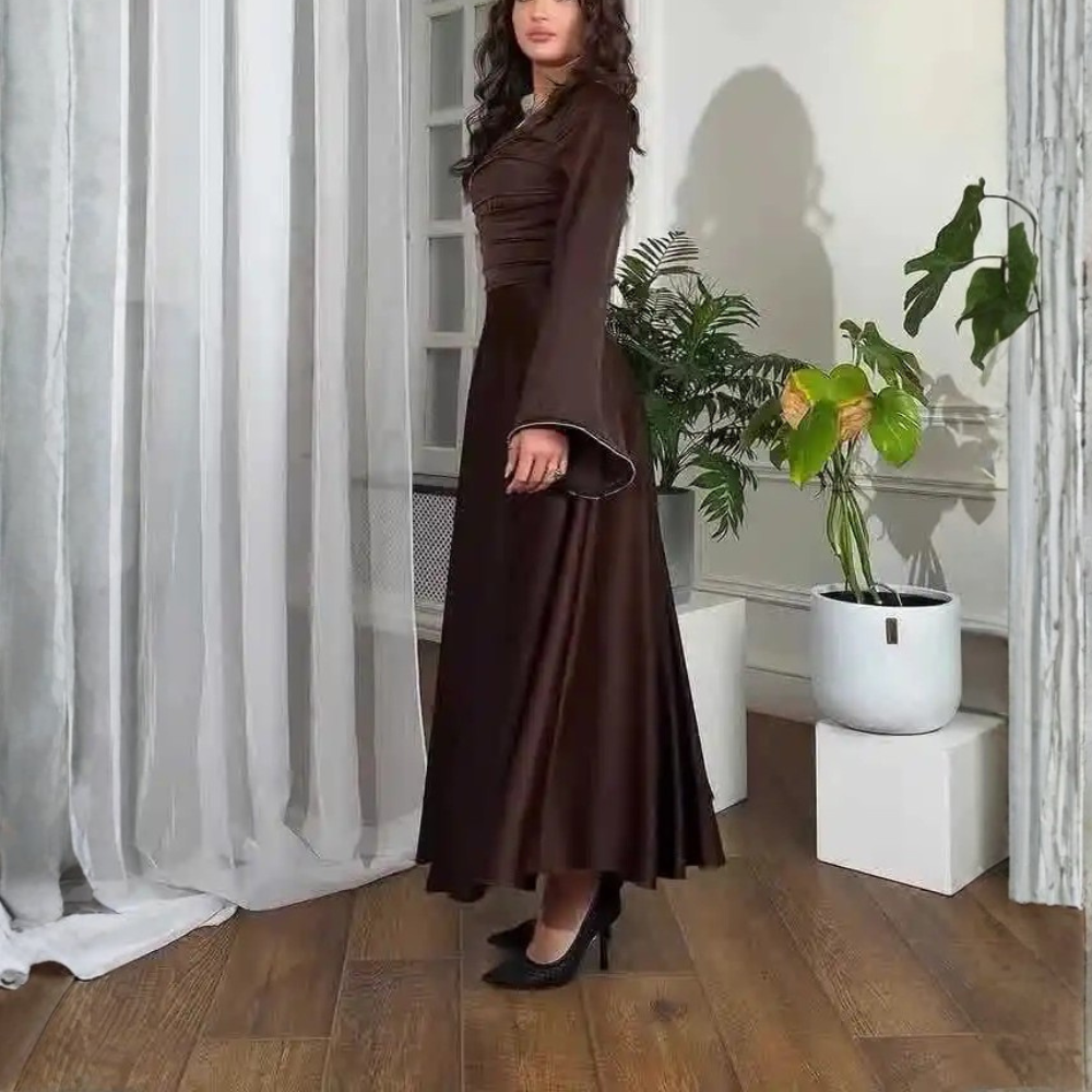 Brown Satin Square Neck Sparkly A-Line Long Dress, Left