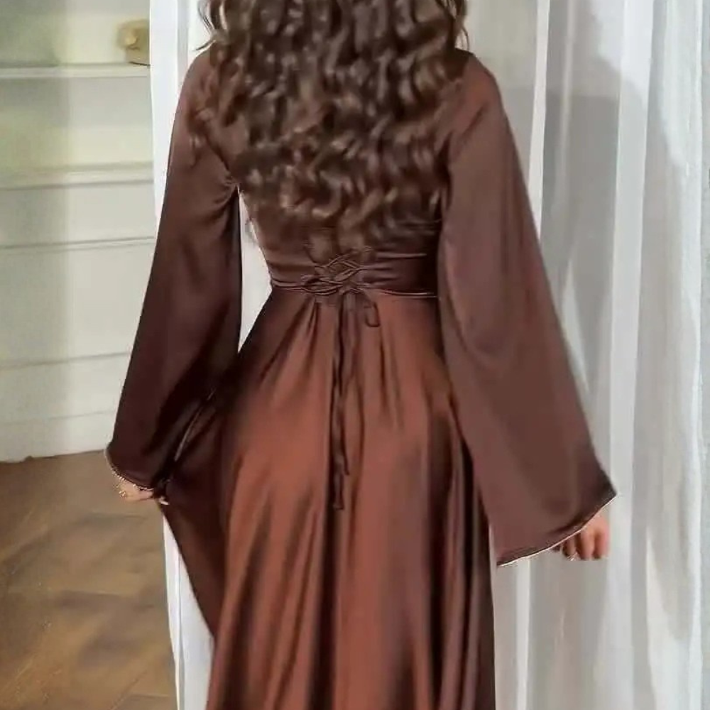 Brown Satin Square Neck Sparkly A-Line Long Dress, Back