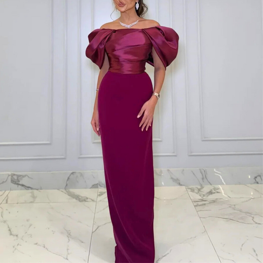 Burgundy Off Shoulder Puff Pleated Slim Evening Gown, Front