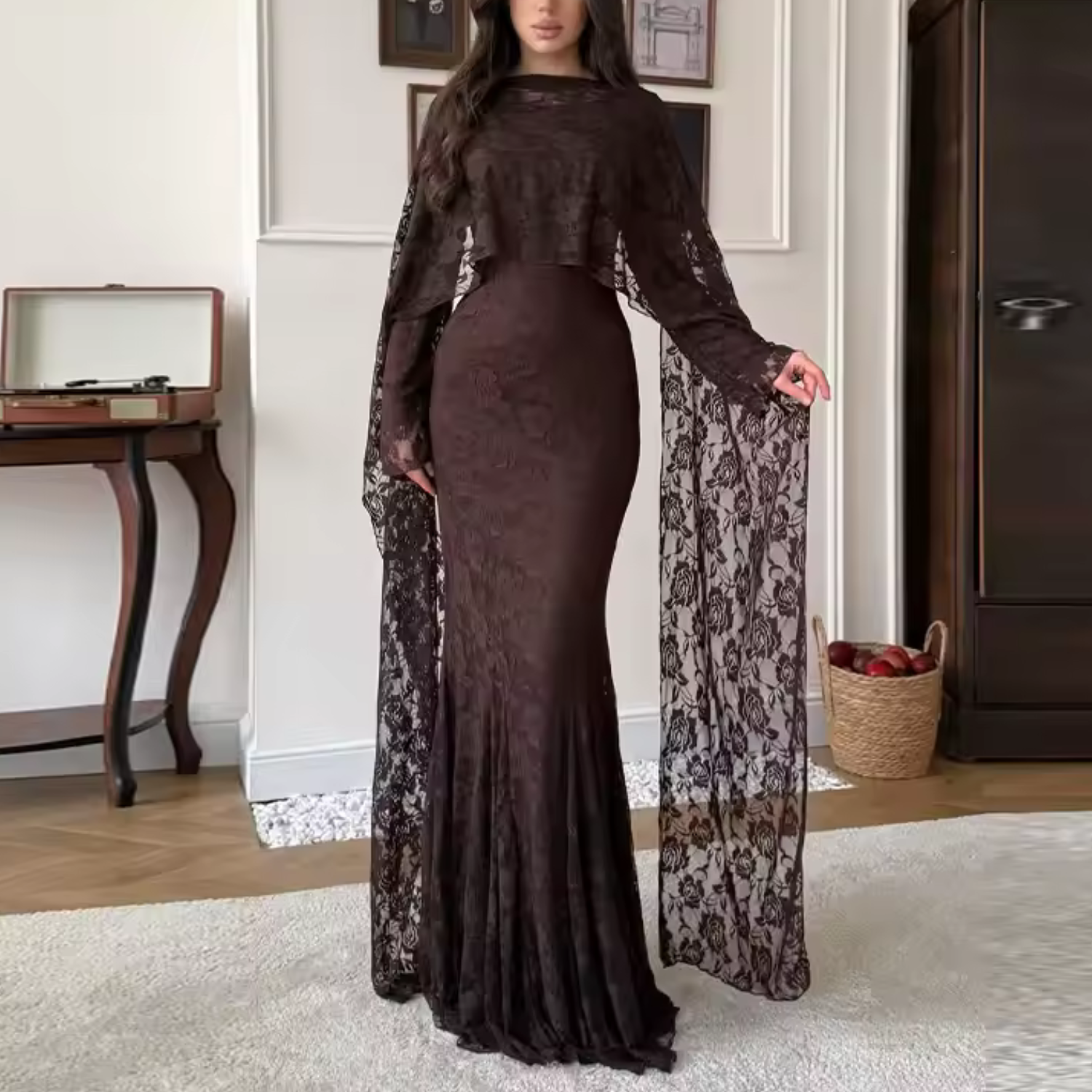 Dark Brown Floral Lace Long Sleeves Mermaid Maxi Dress with Matching Scarf