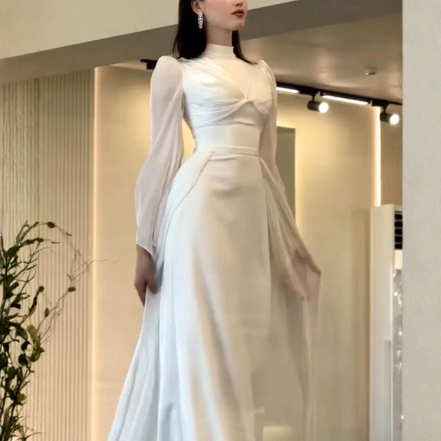 Elegant Modest High Neck Long Puff Sleeves Chiffon Bridal Gown, Close Up