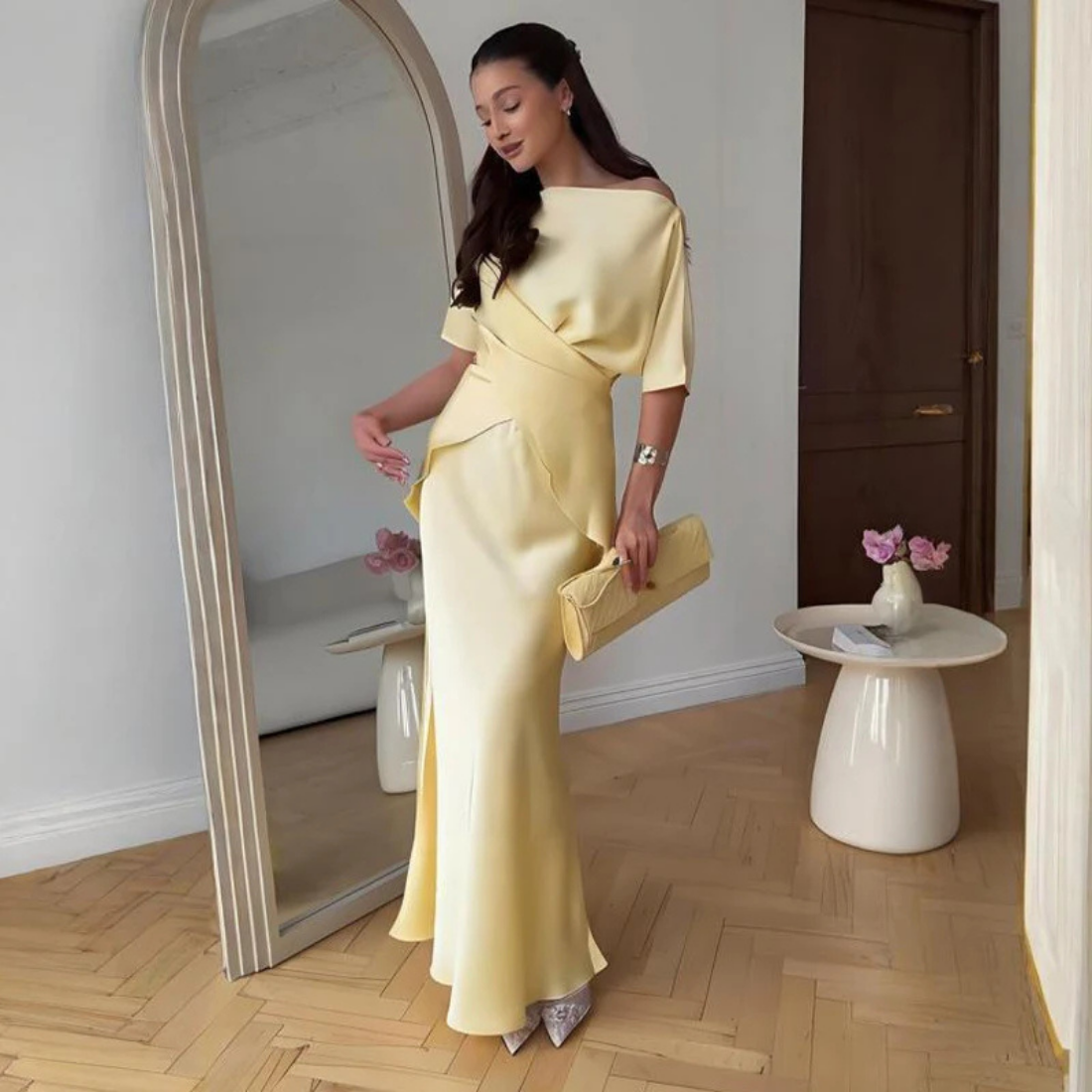 mermaid wrap dress Elegant Yellow Two Piece Mermaid Wrap Dress Set Yellow / S