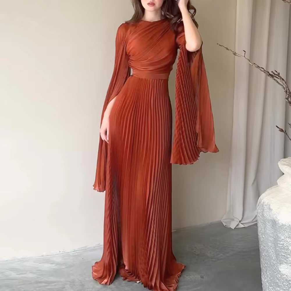 Elegant Pleated Batwing Sleeve Maxi Dress Beige / S Elegant Pleated Batwing Sleeve Maxi Dress Beige / S