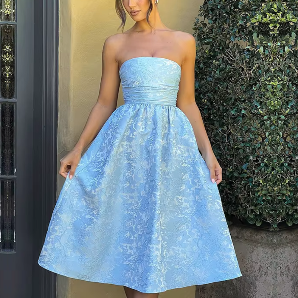 Floral Satin Sleeveless Tube Neck Princess Midi Dress S / Blue Floral Satin Sleeveless Tube Neck Princess Midi Dress S / Blue