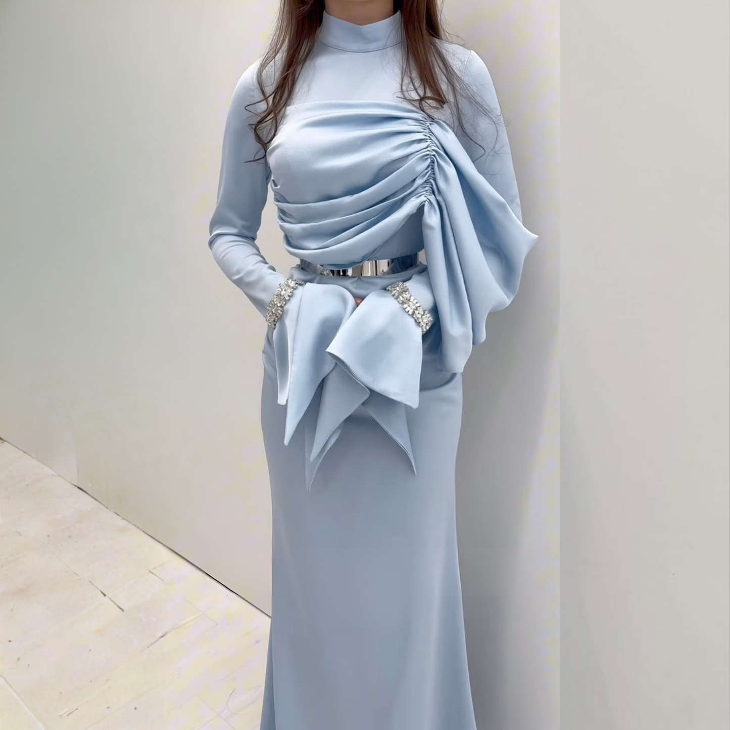 Light Blue Modest Pleated Wrap Flare Sleeves Satin Long Evening Dress, Close Up 2