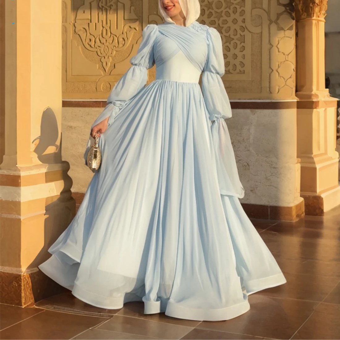 Light Blue Modest Tiered Sleeves Princess Chiffon Gown 16W Light Blue Modest Tiered Sleeves Princess Chiffon Gown 16W