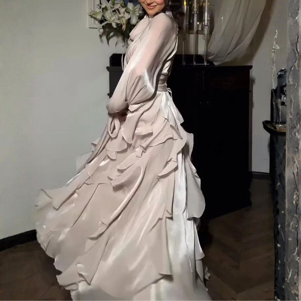 Light Champagne Modest Organza High Neck Ruffle Long Dress, Right
