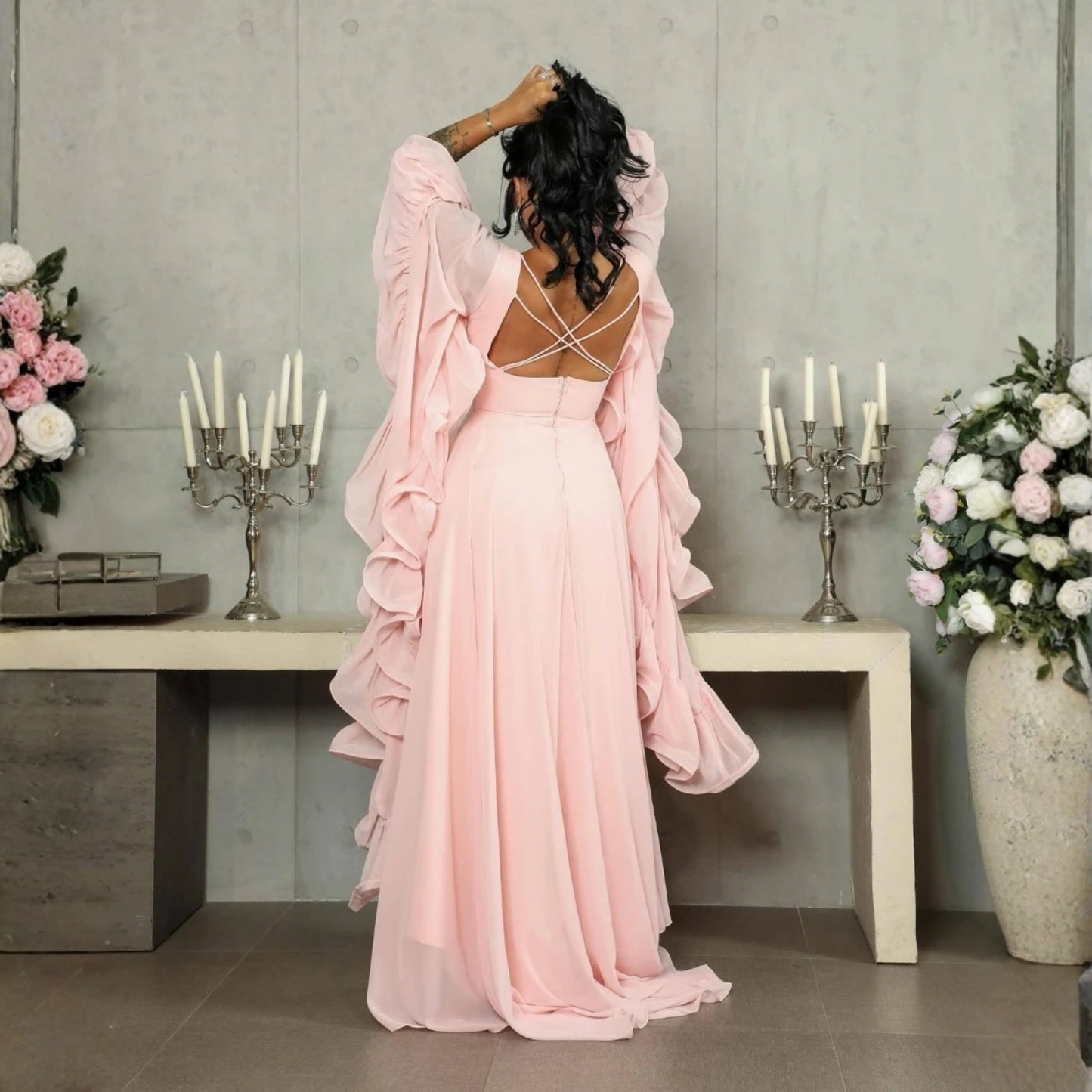 Light Pink Chiffon Ruffle Drape Sleeves A-Line Maxi Dress, Back 3