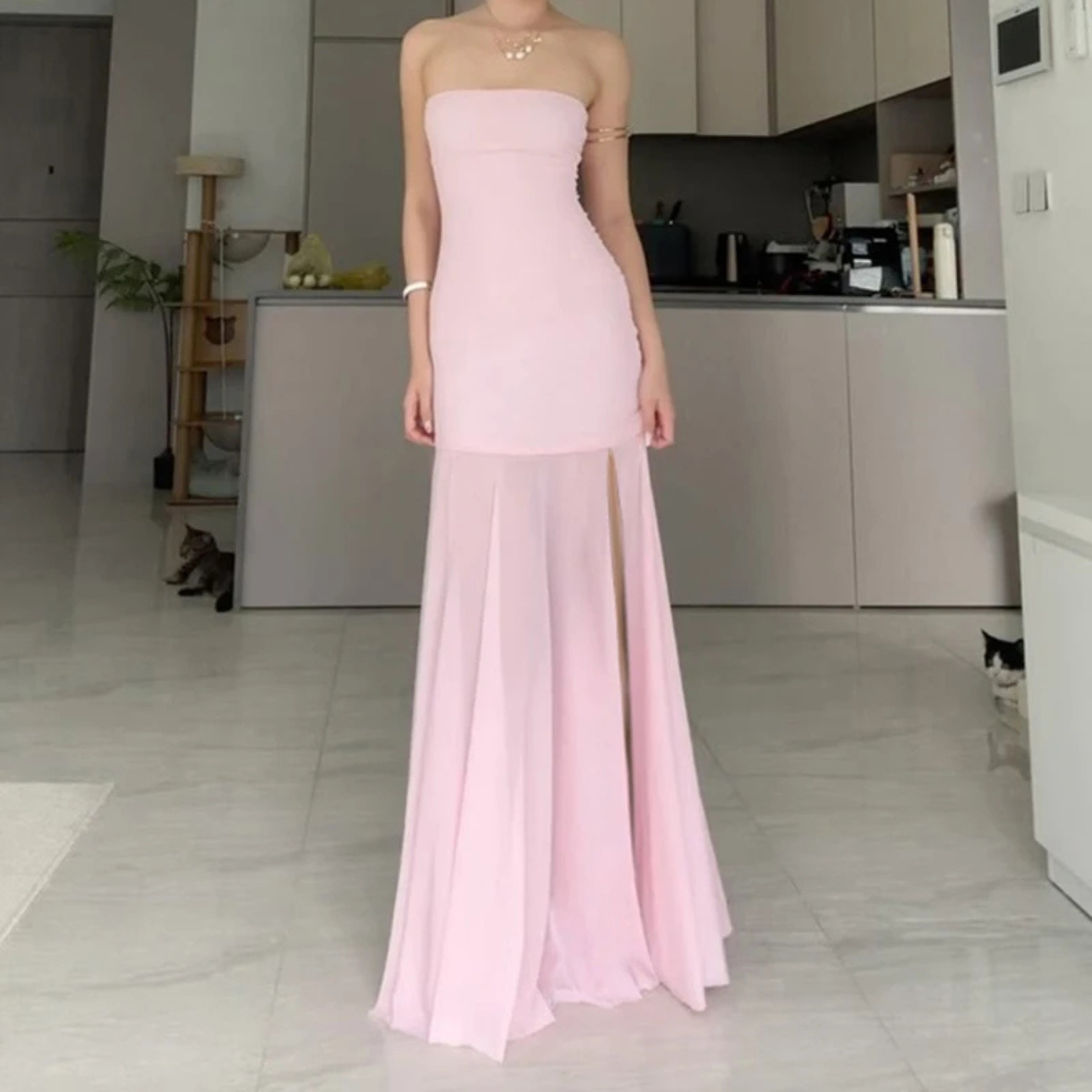 Light Pink Sleeveless Tube Neck Elegant Mesh Long Dress – Little Lala