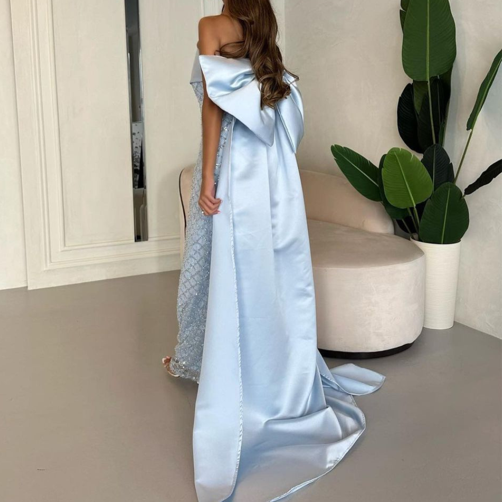 Light Blue Sleeveless Sparkly Bow Drape Evening Gown, Back