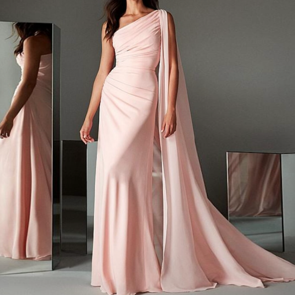 Light Pink Satin Elegant One Shoulder Drape Evening Dress, Front