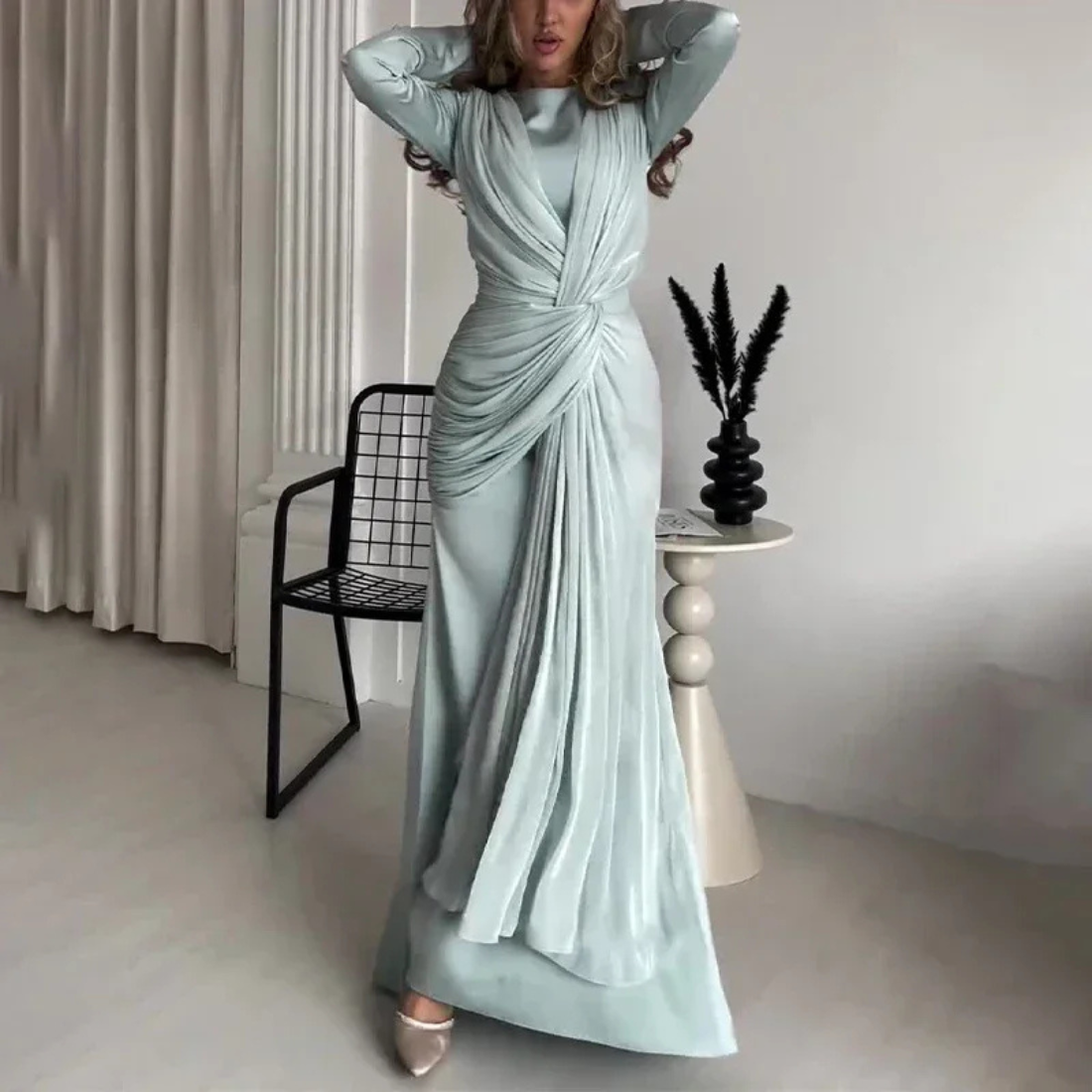 Mint Green Modest Pleated Tie Knot Evening Dress Little Lala Boutique Mint Green Modest Pleated Tie Knot Evening Dress Little Lala Boutique