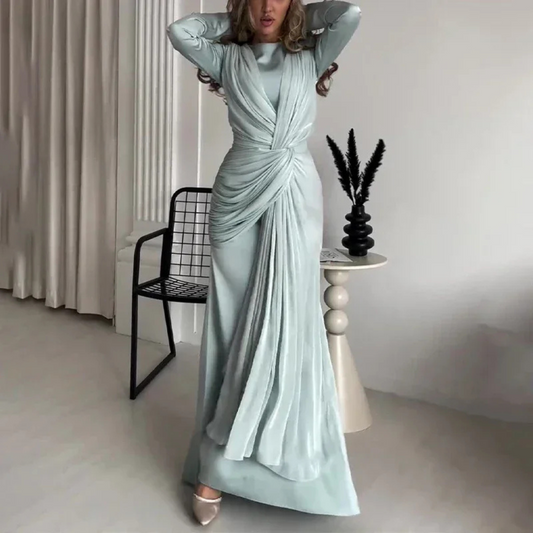 Mint Green Modest Pleated Tie Knot Evening Dress