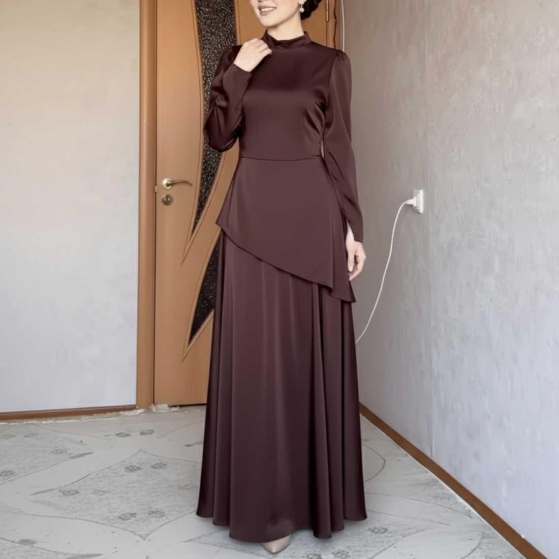 Modest Brown Satin High Neck A-Line Evening Dress L