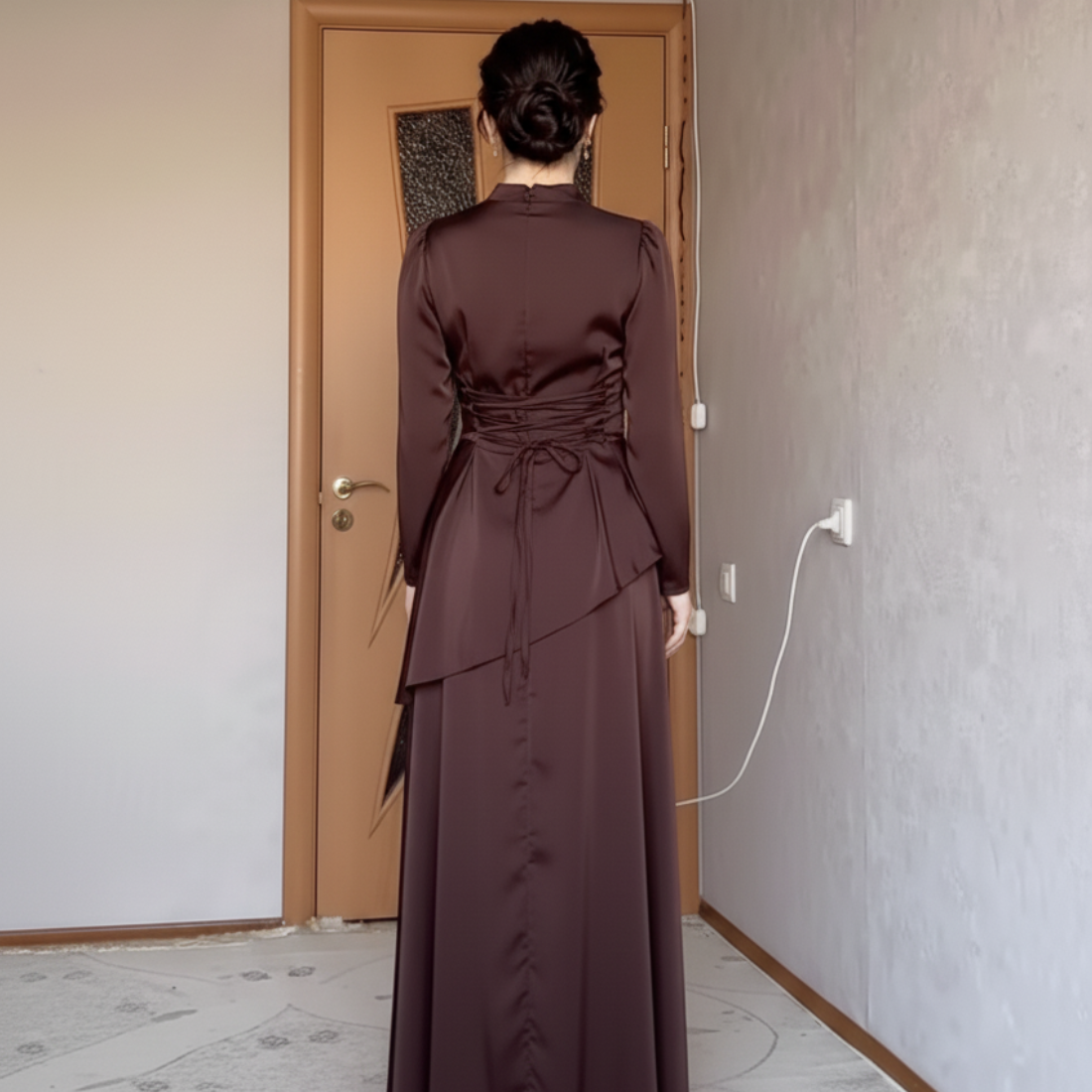 Modest Brown Satin High Neck A-Line Evening Dress, Back 2