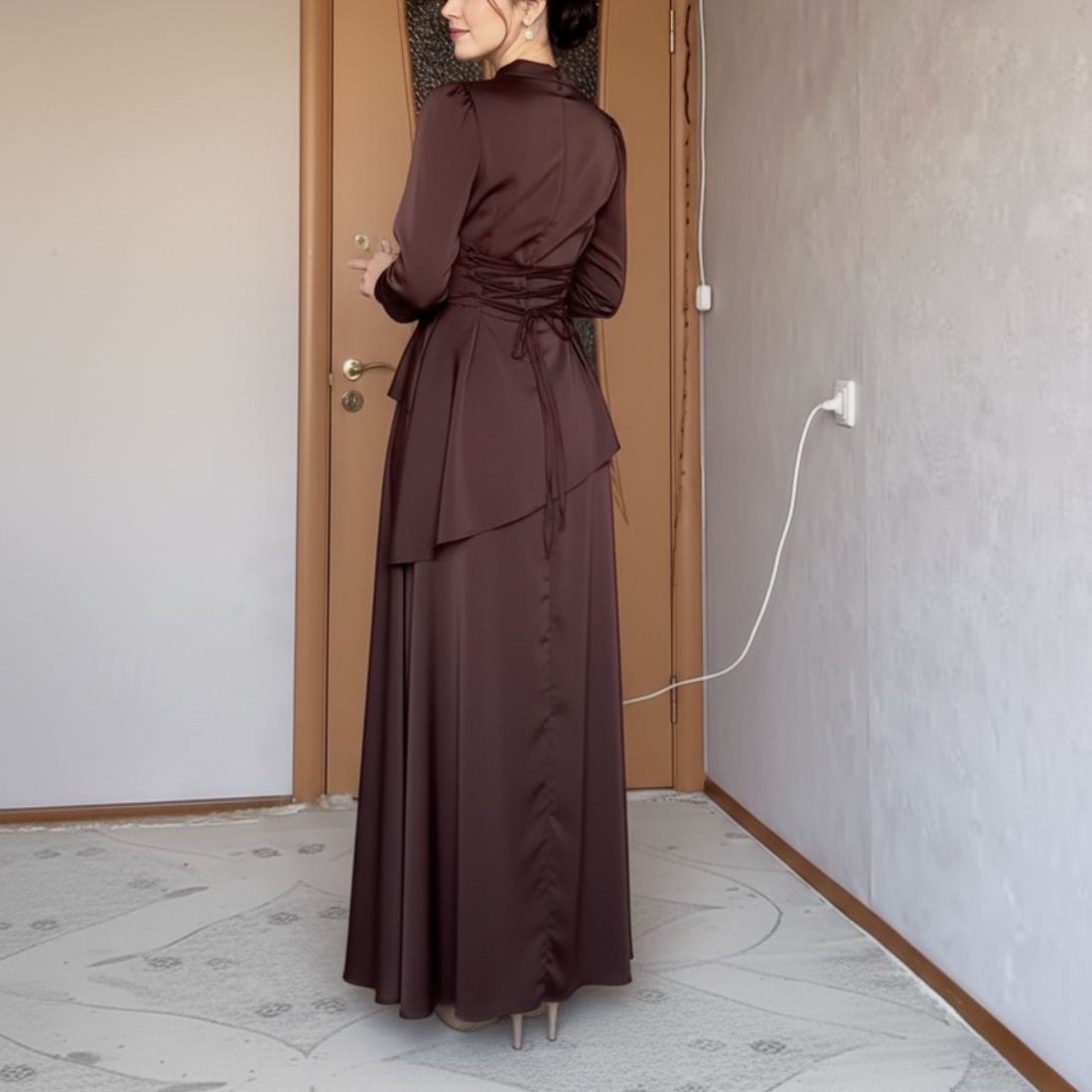 Modest Brown Satin High Neck A-Line Evening Dress, Back