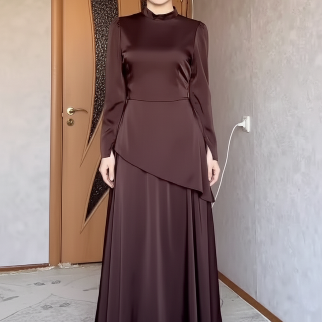 Modest Brown Satin High Neck A-Line Evening Dress, Close Up