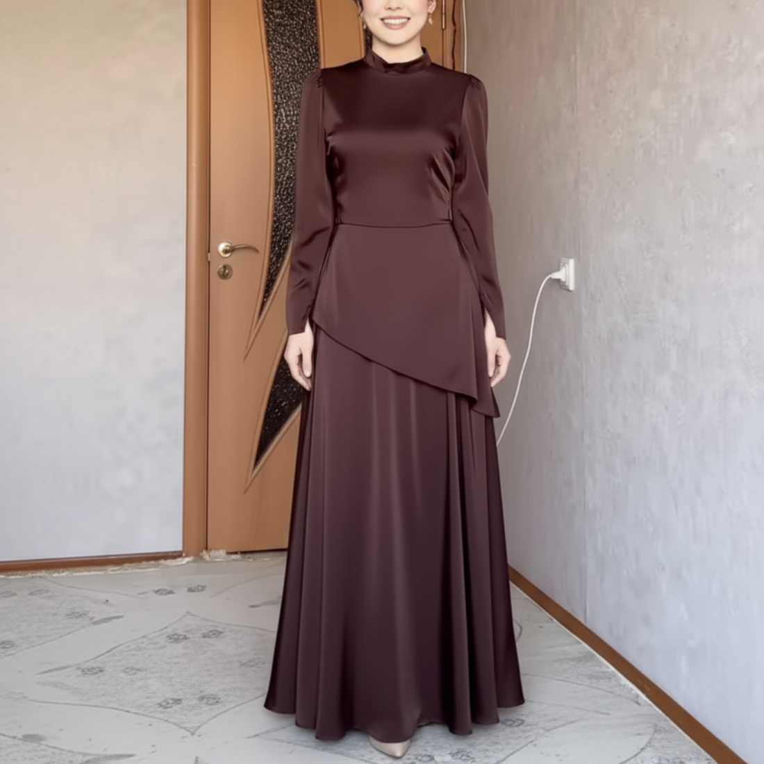Modest Brown Satin High Neck A-Line Evening Dress, Front