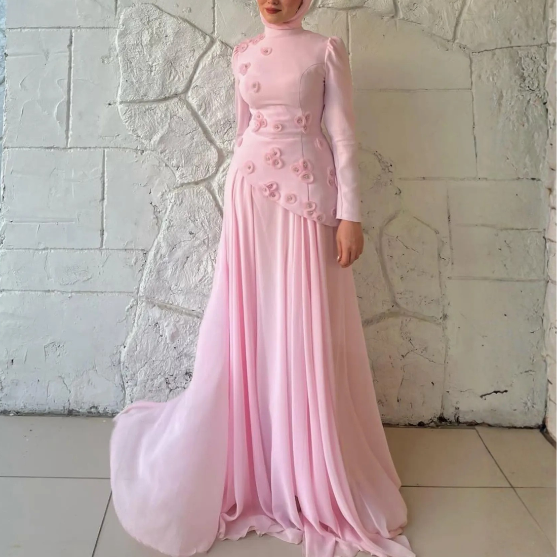 Modest Pink Chiffon High Neck Floral Applique Shoulder Train Gown, Front