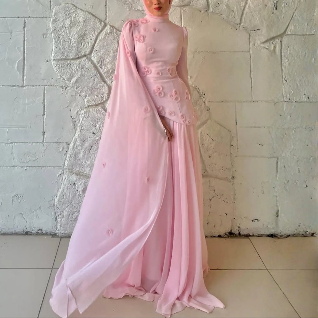 Modest Pink Chiffon High Neck Floral Applique Shoulder Train Gown, Left