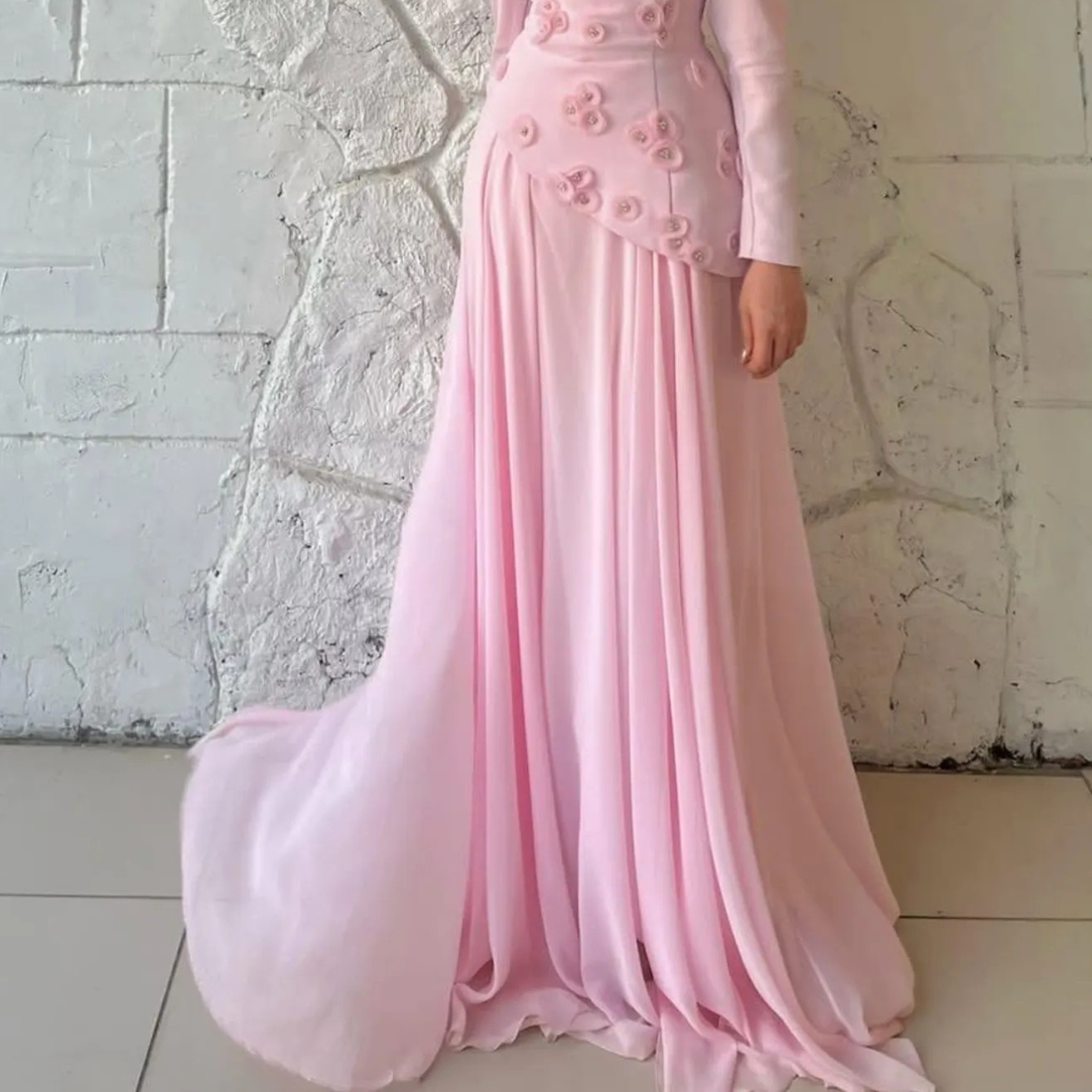 Modest Pink Chiffon High Neck Floral Applique Shoulder Train Gown, Skirt Close Up