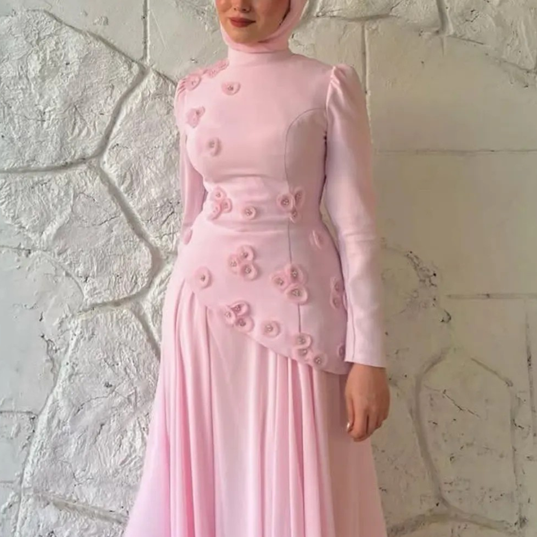 Modest Pink Chiffon High Neck Floral Applique Shoulder Train Gown, Close Up