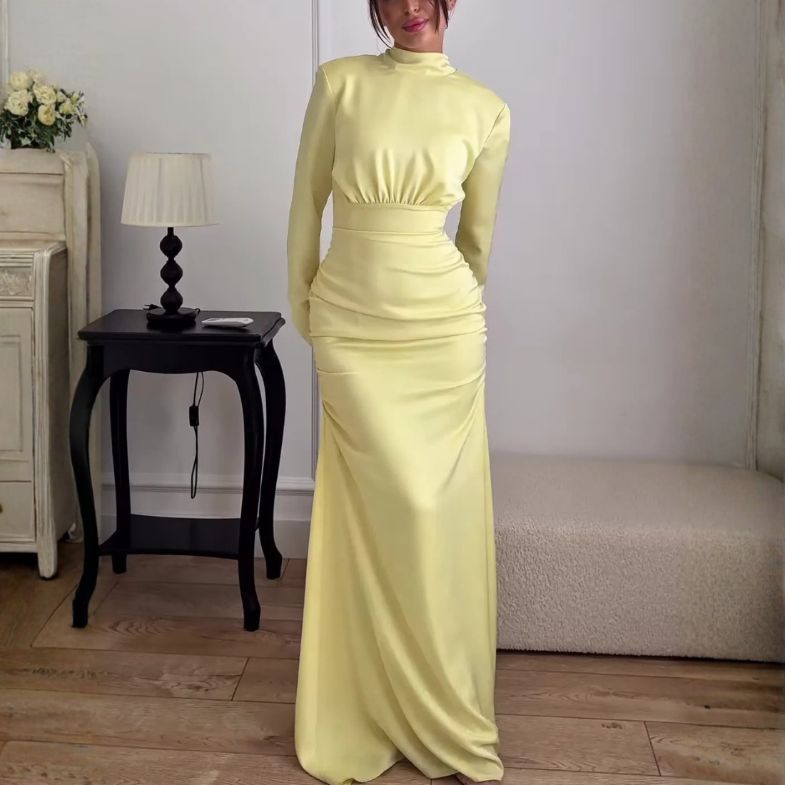 Modest Yellow High Neck Mermaid Floor-Length Dress, Front