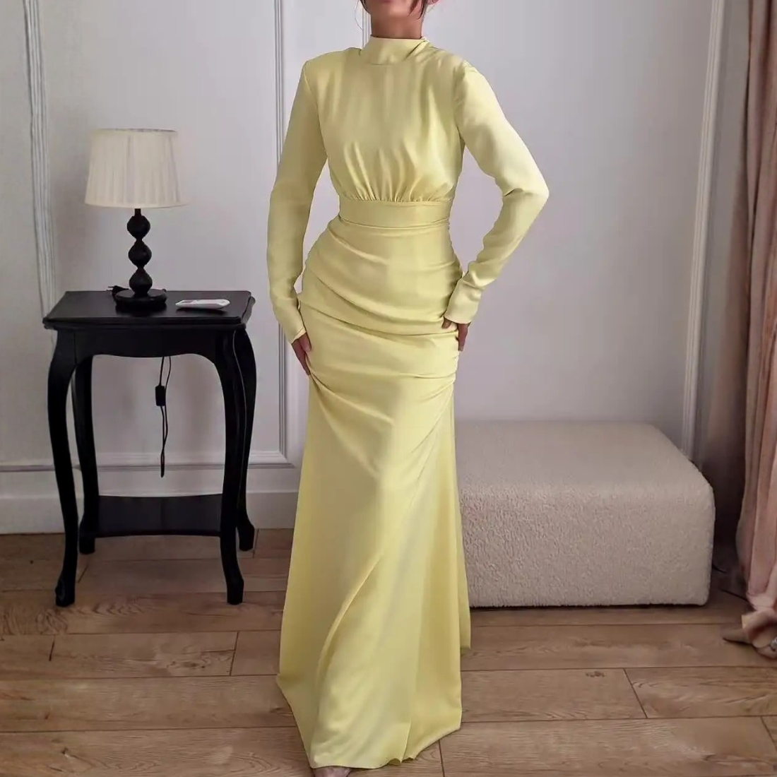 Modest Yellow High Neck Mermaid Floor-Length Dress, Left