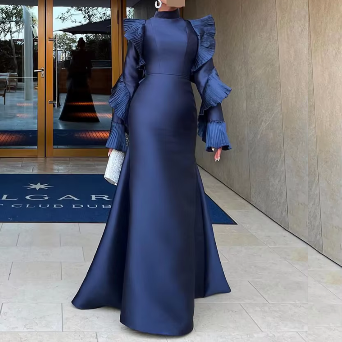 Dubai Navy Blue Modest Satin Ruffle Sleeves Mermaid Gown 16 Dubai Navy Blue Modest Satin Ruffle Sleeves Mermaid Gown 16