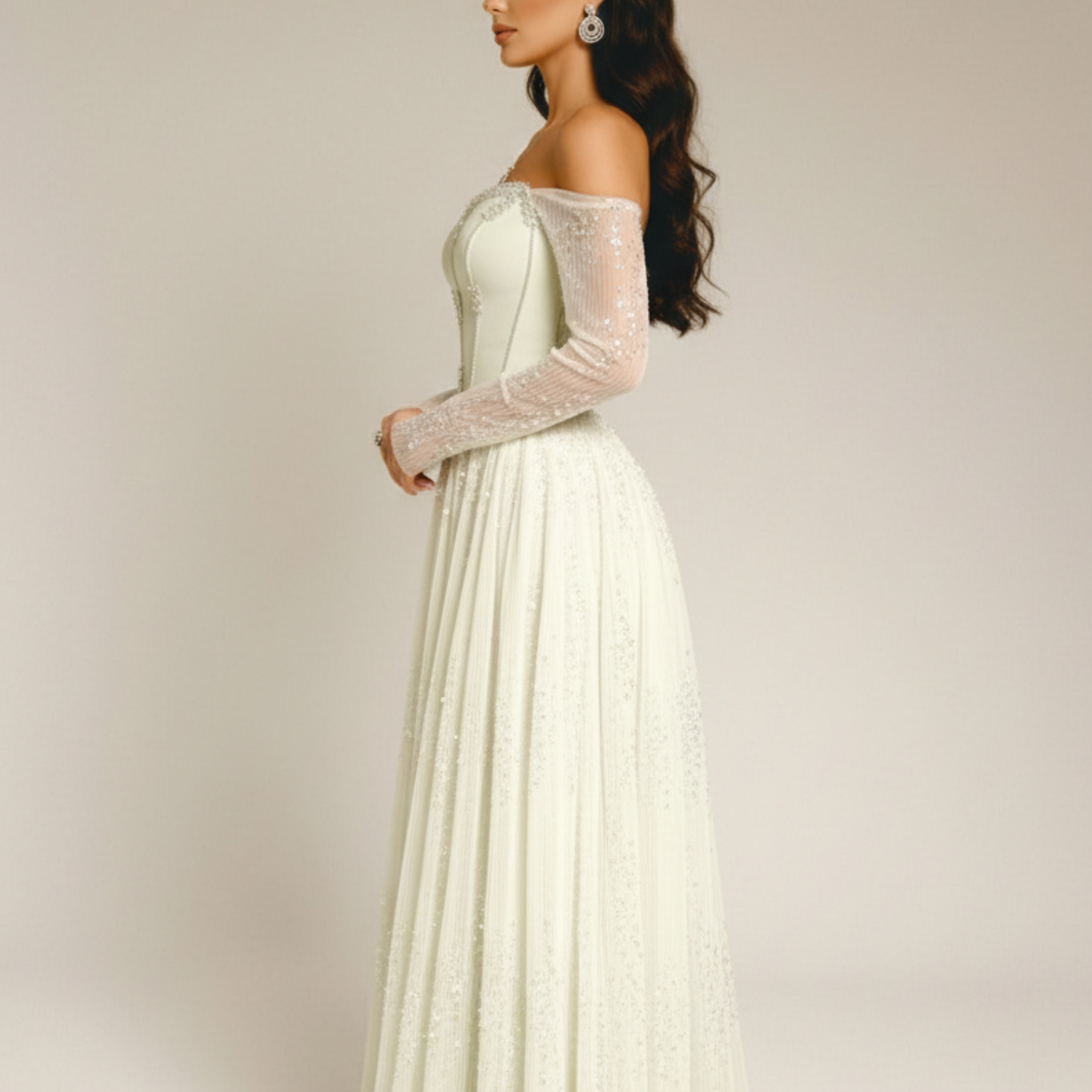 Off White Sparkly Mesh Rhinestone Long Sleeves A-line Gown, Right