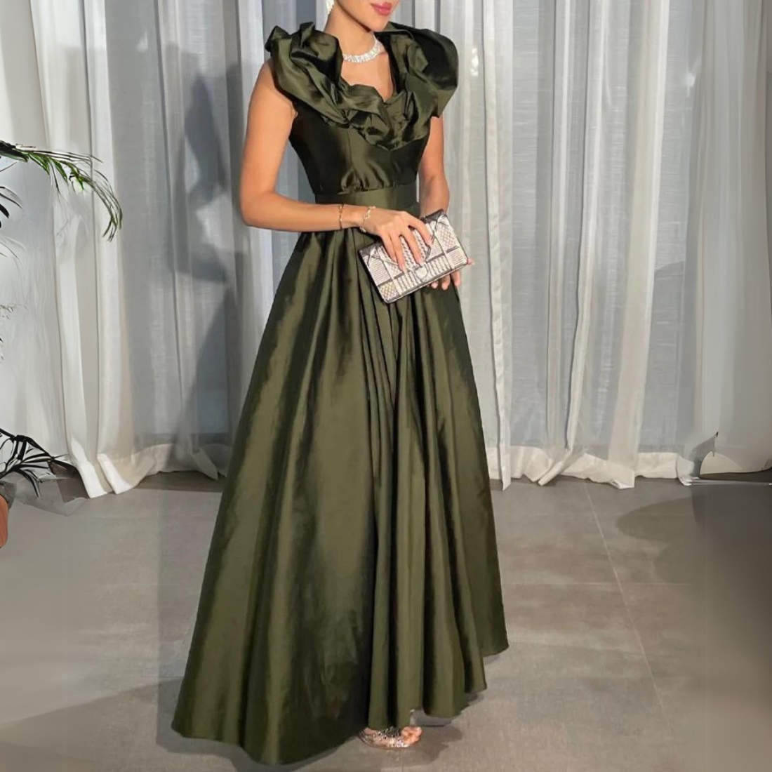 Olive Green Satin Ruffled Neckline Sleeveless A-Line Gown 2 Olive Green Satin Ruffled Neckline Sleeveless A-Line Gown 2
