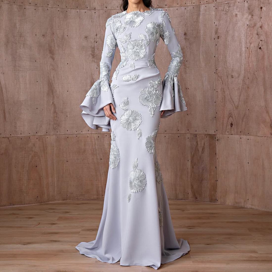 Pale Blue Floral Pattern Modest Flare Sleeves Mermaid Gown Little Lala Boutique Pale Blue Floral Pattern Modest Flare Sleeves Mermaid Gown Little Lala Boutique
