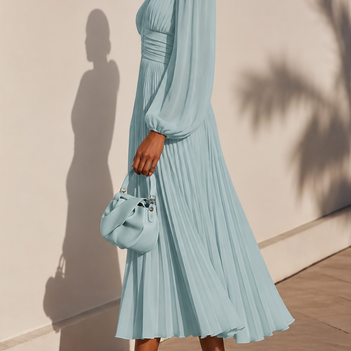 Pale Blue V-Neck Long Sleeves A-Line Midi Dress