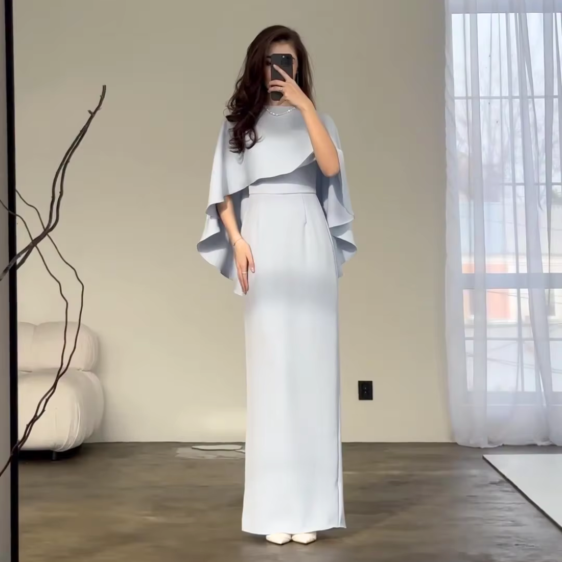 Pale Blue Modest Cape Sleeves Slim Long Dress XL Pale Blue Modest Cape Sleeves Slim Long Dress XL